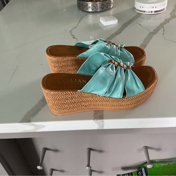 Italian Shoemakers Blue and Brown Sandals with Cork Platform - Picture 2 of 3